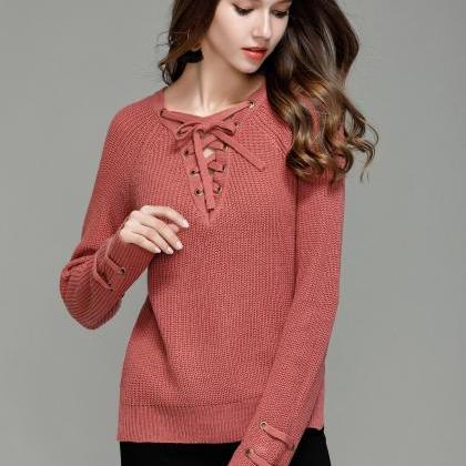 Knit Lace-up Plunge V Long Sleeves Sweater In..