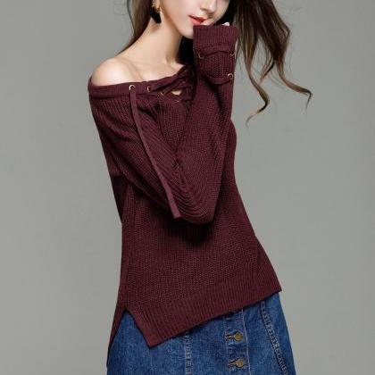 Burgundy Knitted Lace-up Plunge V Sweater..
