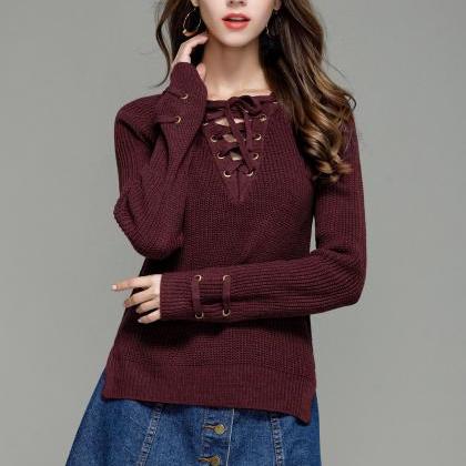 Burgundy Knitted Lace-up Plunge V Sweater..