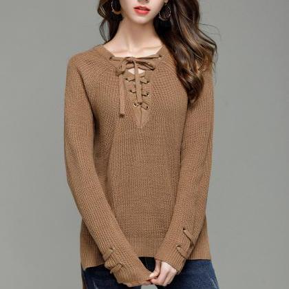 Brown Knitted Lace-up Long Cuffed Sleeves Sweater..