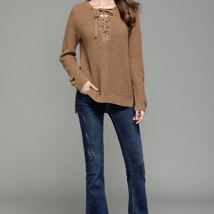 Brown Knitted Lace-up Long Cuffed Sleeves Sweater..