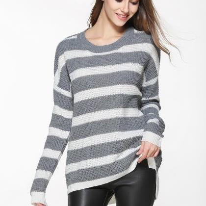 Grey And White Knit Crew Neck Long Cuffed Sleeves..