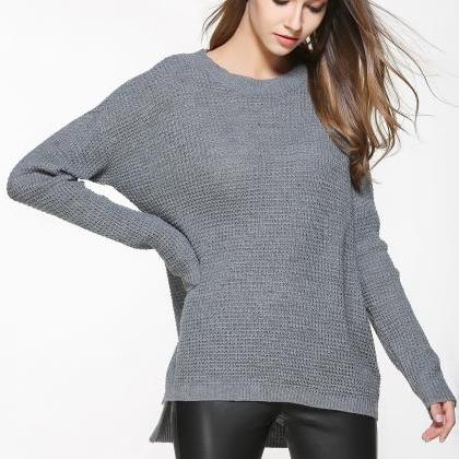 Grey Knitted Crew Neck Long Cuffed Sleeves Sweater..