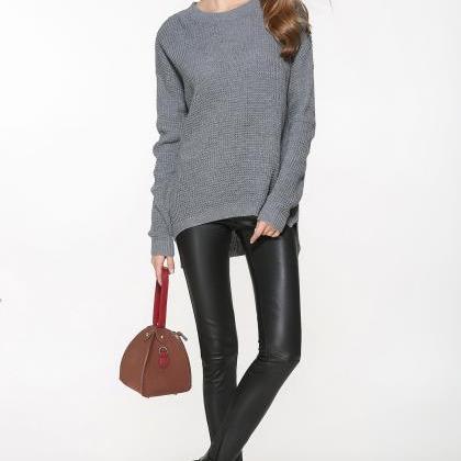 Grey Knitted Crew Neck Long Cuffed Sleeves Sweater..