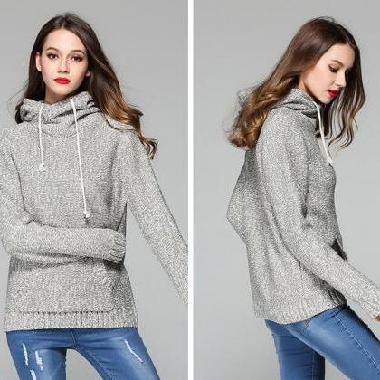 Knitted Hooded Long Cuffed Sleeves Sweater
