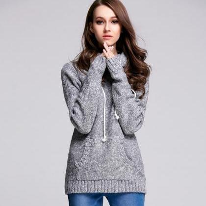 Knit Long Sleeve Hooded Sweater - Grey