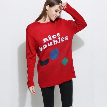Red Casual Christmas Knitting Pullover Sweater