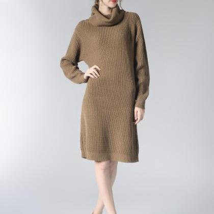Knitted Turtleneck Long Sleeves Knee Length..