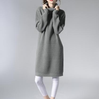 Turtleneck Knitting Pullover Long Sweater - Grey