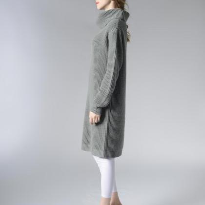 Turtleneck Knitting Pullover Long Sweater - Grey