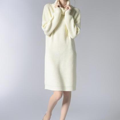 White Knitted Turtleneck Long Sleeves Knee Length..