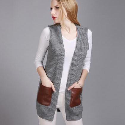 Fashion Leather Pocket Sleeveless Knit Vest..