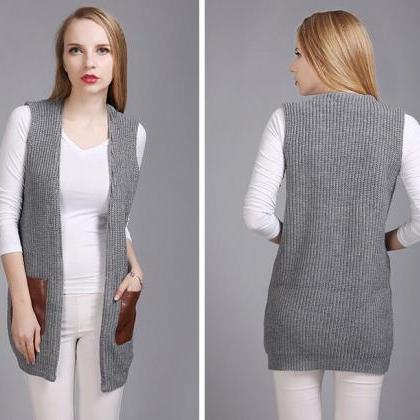 Fashion Leather Pocket Sleeveless Knit Vest..