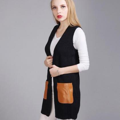 Fashion Leather Pocket Sleeveless K..