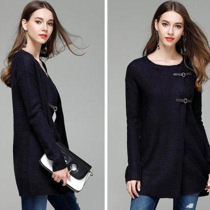 Fashion Solid Knit Cardigan Sweater Coat - Navy..
