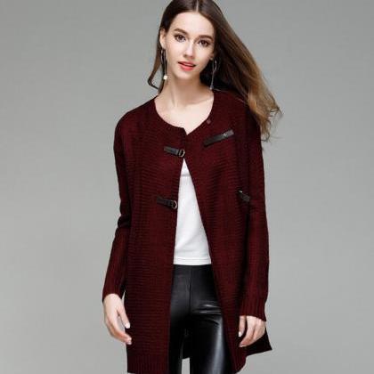 Fashion Solid Knit Cardigan Sweater Coat - Wine..