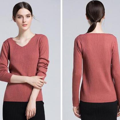 V Neck Pullover Sweater - Watermelon Red