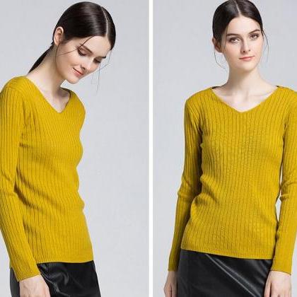 Yellow Ribbed Knit Plunge V Long Sleeves Sweater