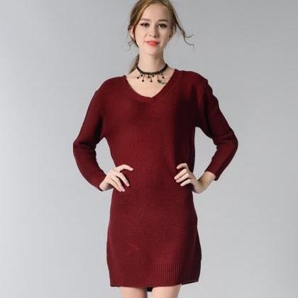 Burgundy Knitted Plunge V Long Cuffed Sleeves..