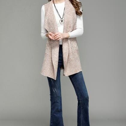 Fashion Long Knit Vest Cardigan - Beige