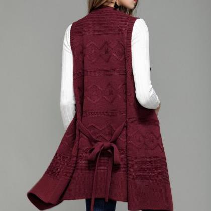 Fashion Long Knit Vest Cardigan - Wine Red
