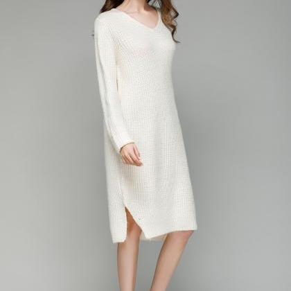 Long V Collar Loose Big Size Knitted Sweater Dress..