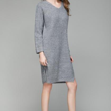 Long V Collar Loose Big Size Knitted Sweater Dress..