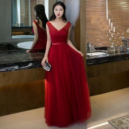 Elegant V Neck Red Color Women Long Bridesmaid..