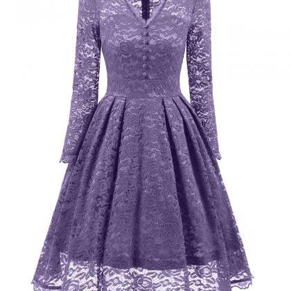 Purple V-neck Floral Lace A-line Short Dress With..