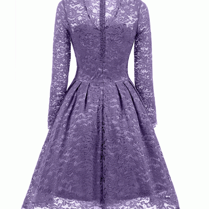 Purple V-neck Floral Lace A-line Short Dress With..