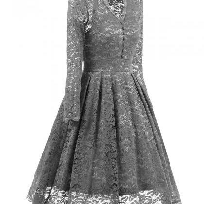 Grey V-neck Floral Lace A-line Short Dress With..
