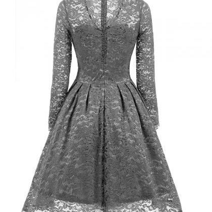 Grey V-neck Floral Lace A-line Short Dress With..