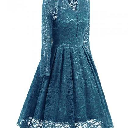 Light Blue V-neck Floral Lace A-line Short Dress..