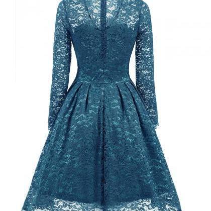 Light Blue V-neck Floral Lace A-line Short Dress..