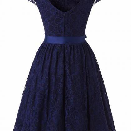 Dark Blue Scooped Neck Lace A-line Short Dress..