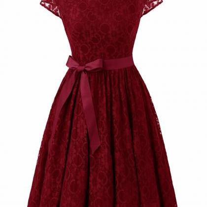 Burgundy Scooped Neck Lace A-line Short Dress With..