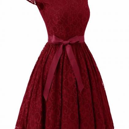 Burgundy Scooped Neck Lace A-line Short Dress With..