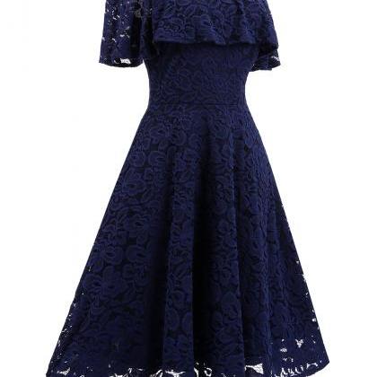 Dark Blue Off-shoulder Lace Ruffled A-line Dress ,..