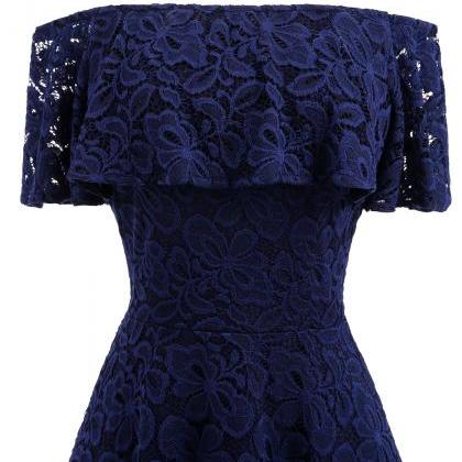 Dark Blue Off-shoulder Lace Ruffled A-line Dress ,..