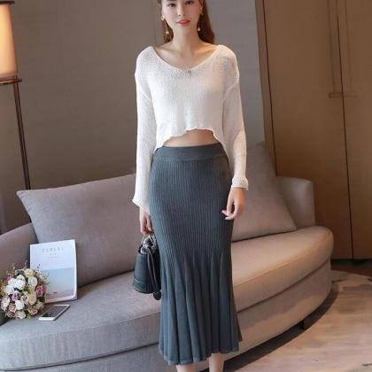 Women Solid Fit Knit Long Skirt - Dark Grey