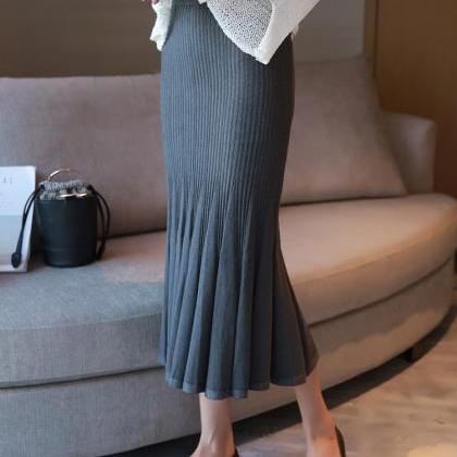 Women Solid Fit Knit Long Skirt - Dark Grey