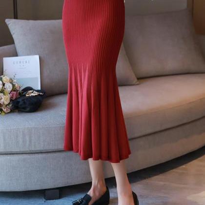 Women Solid Fit Knit Long Skirt - Red