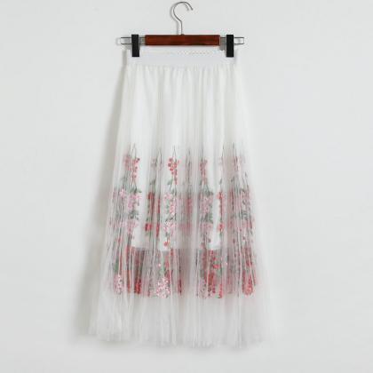 Women Floral Print Gauze Skirt - White