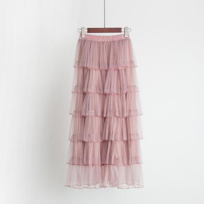 Women Hight Waist Gauze Cake Maxi Skirt - Pink