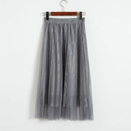 Women Gauze Elastic Waist Skirt - Grey
