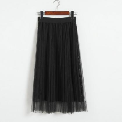 Women Gauze Elastic Waist Skirt - Black