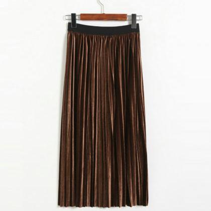 Women Retro Pleated Skirt High Waist Maxi Dress -..