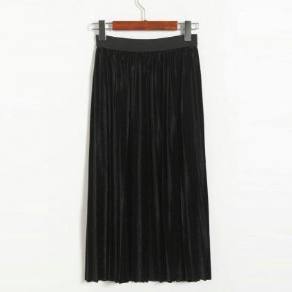 Women Retro Pleated Skirt High Waist Maxi Dress -..