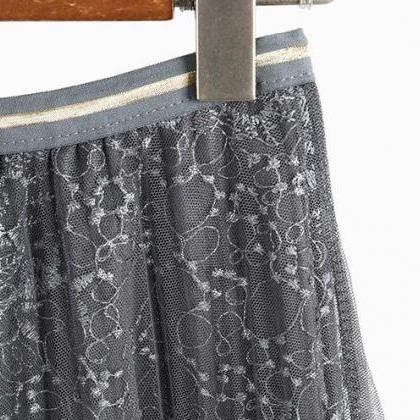 Women Beading Elastic Waist Mesh Pleated Skirt -..