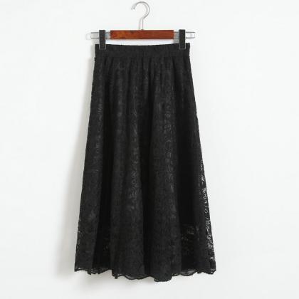 Women High Waisted Floral Lace Pleated Midi Skirt..